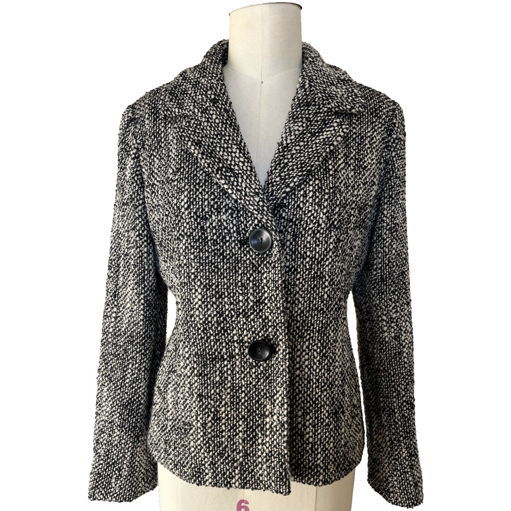 MaxMara Virgin Wool Mohair Tessuto Tweed Black White Blazer 10 Tailored $1400